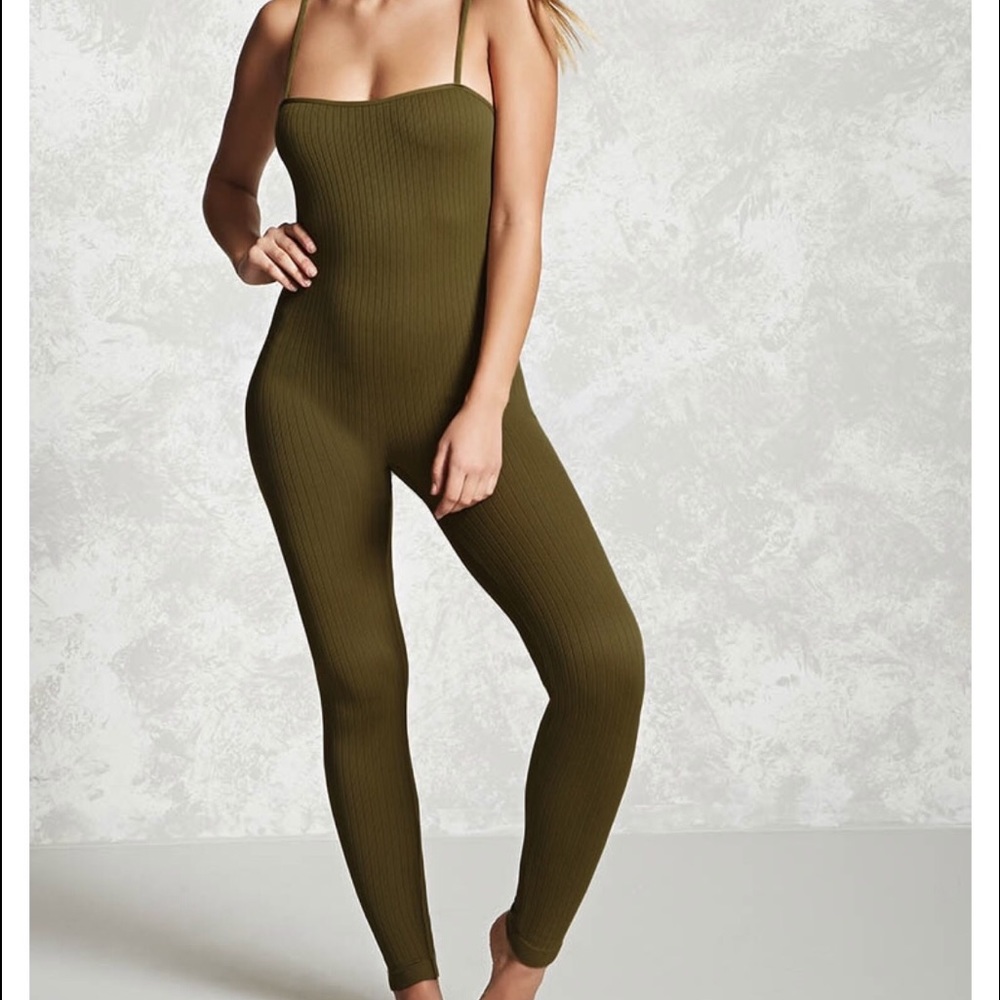 Forever 21 Olive Seamless Ribbed Cami Jumpsuit